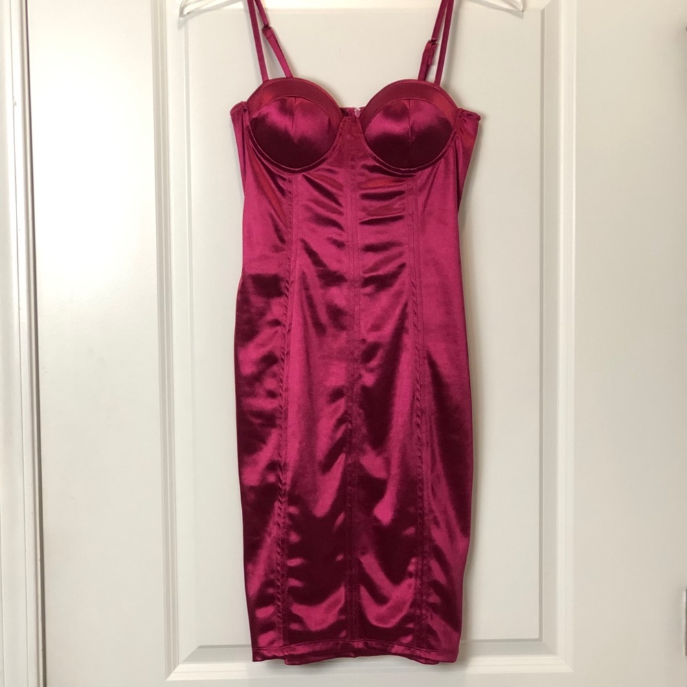 Burgandy Satin Body Con Cocktail Mini Dress